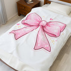 Pink Kawaii Bow Velveteen Plush Blanket — Cute Ribbon Throw for Girls, Gifts, and Cozy Décor