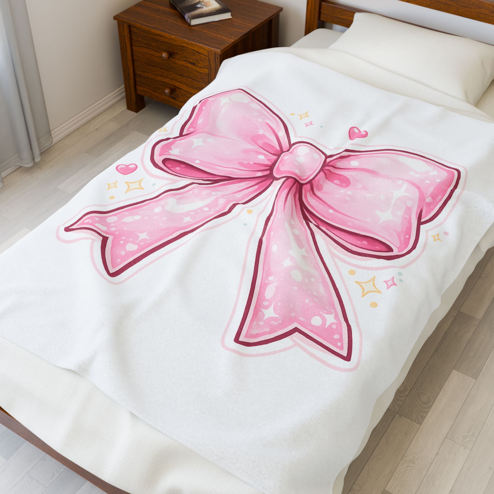 Pink Kawaii Bow Velveteen Plush Blanket — Cute Ribbon Throw for Girls, Gifts, and Cozy Décor