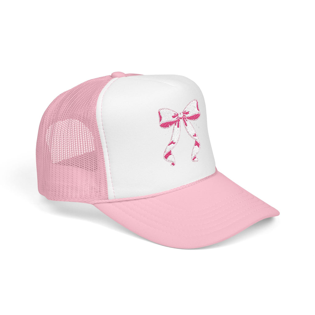 Bow Embroidered Trucker Hat — Pink Ribbon Detail Mesh Cap