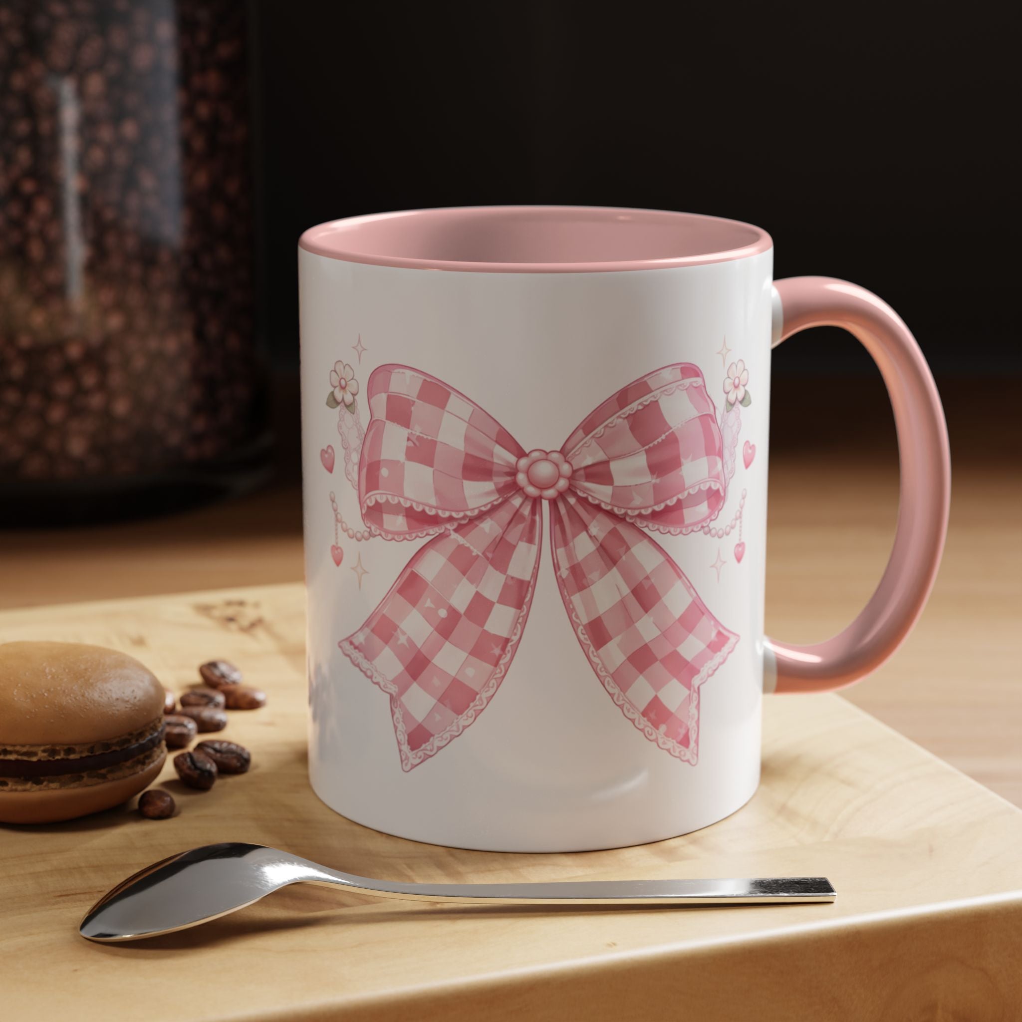 Pink Gingham Bow Accent Coffee Mug (11/15oz) — Cute Cottagecore Kitchen Gift
