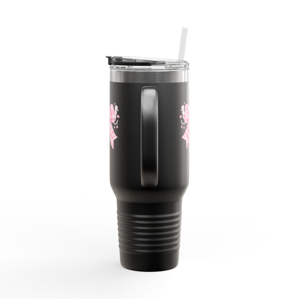40oz Insulated Travel Mug — Pink Gingham Bow Design