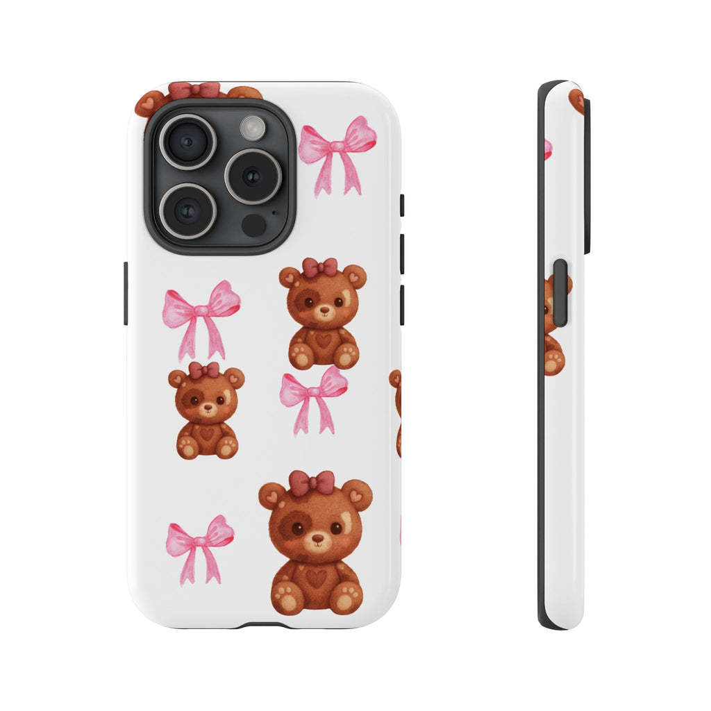 Cute Teddy Bear Phone Case – Pink Bows Patterned Protective iPhone Case