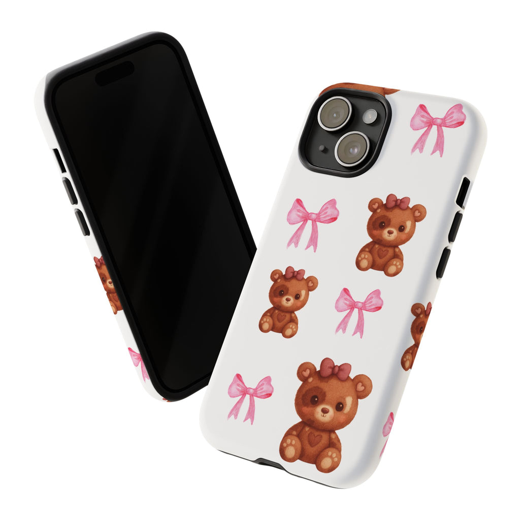 Cute Teddy Bear Phone Case – Pink Bows Patterned Protective iPhone Case