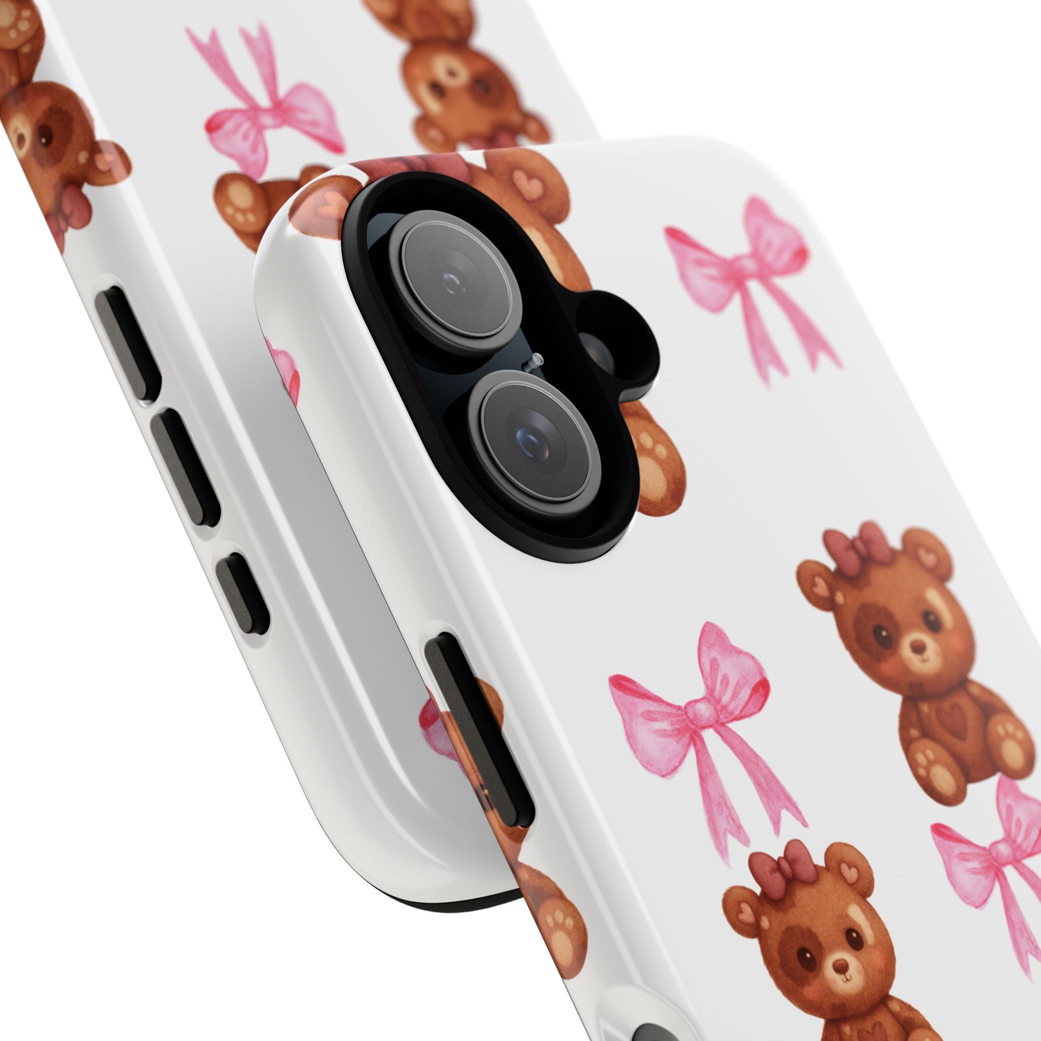 Cute Teddy Bear Phone Case – Pink Bows Patterned Protective iPhone Case