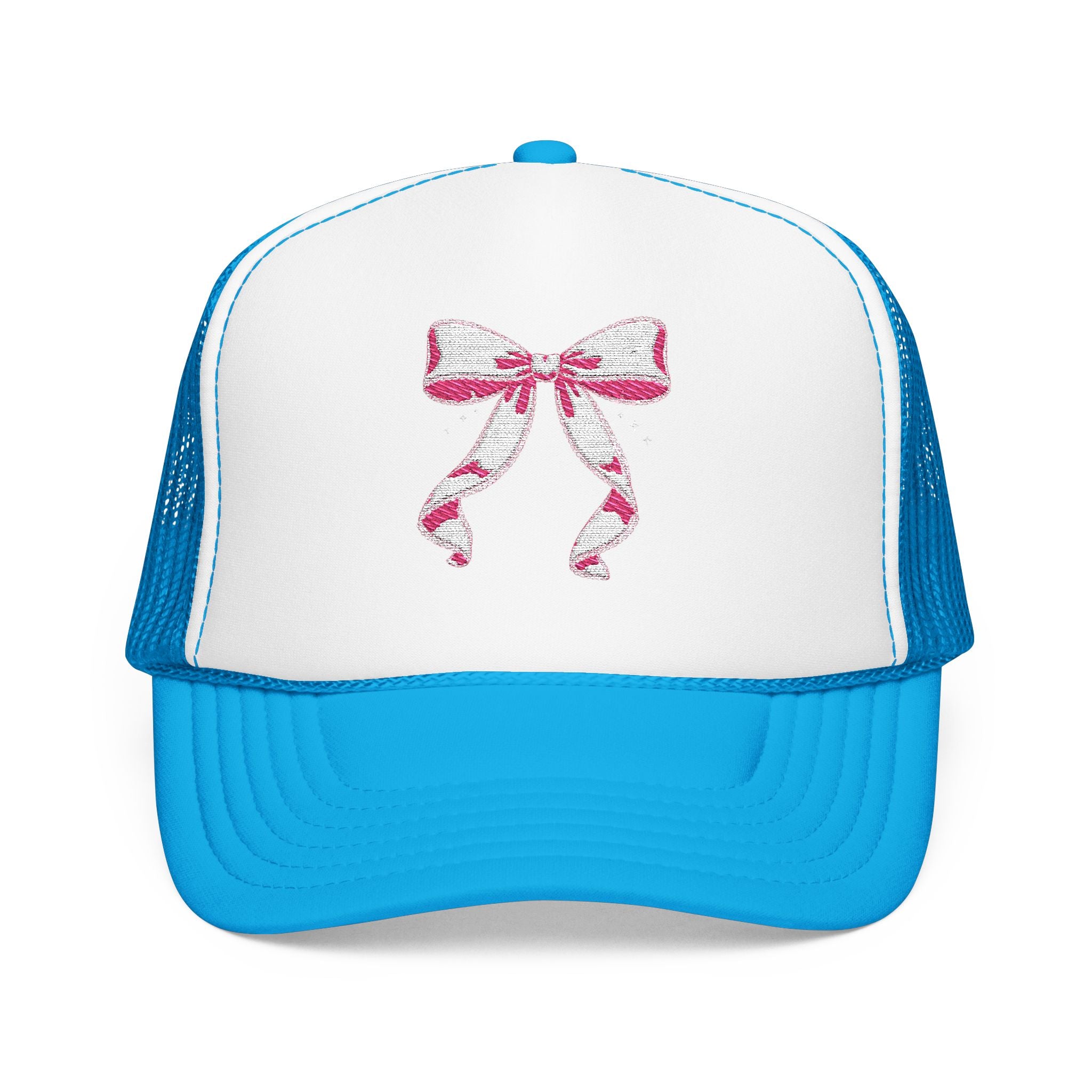 Bow Embroidered Trucker Hat — Pink Ribbon Detail Mesh Cap