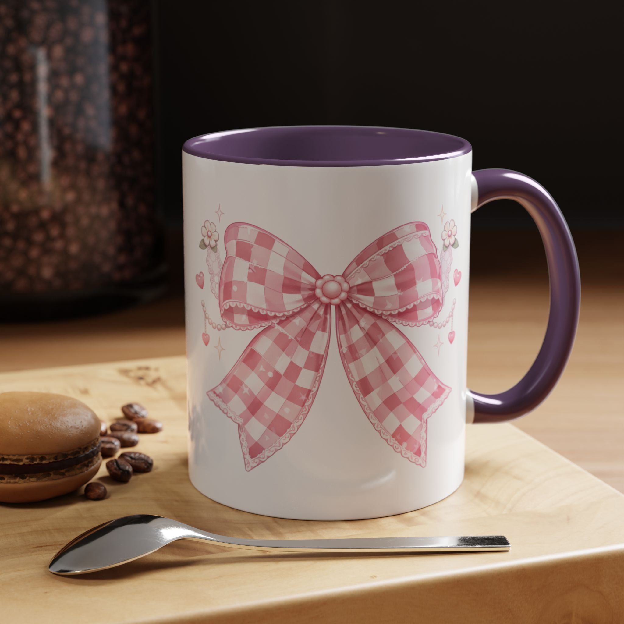 Pink Gingham Bow Accent Coffee Mug (11/15oz) — Cute Cottagecore Kitchen Gift