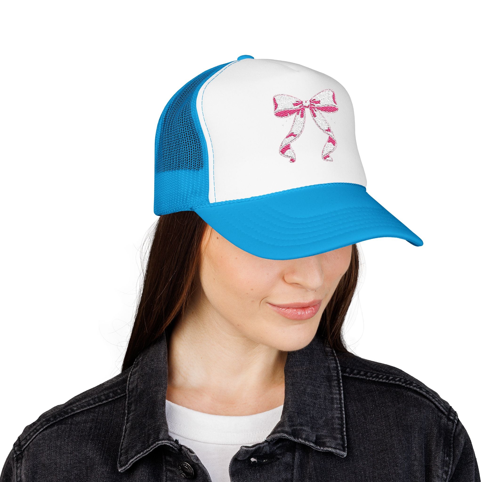 Bow Embroidered Trucker Hat — Pink Ribbon Detail Mesh Cap
