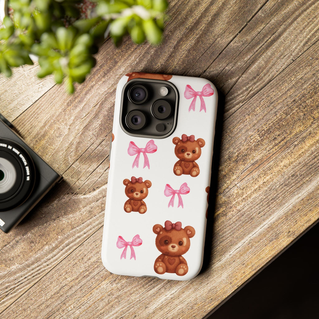 Cute Teddy Bear Phone Case – Pink Bows Patterned Protective iPhone Case