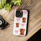 Cute Teddy Bear Phone Case – Pink Bows Patterned Protective iPhone Case