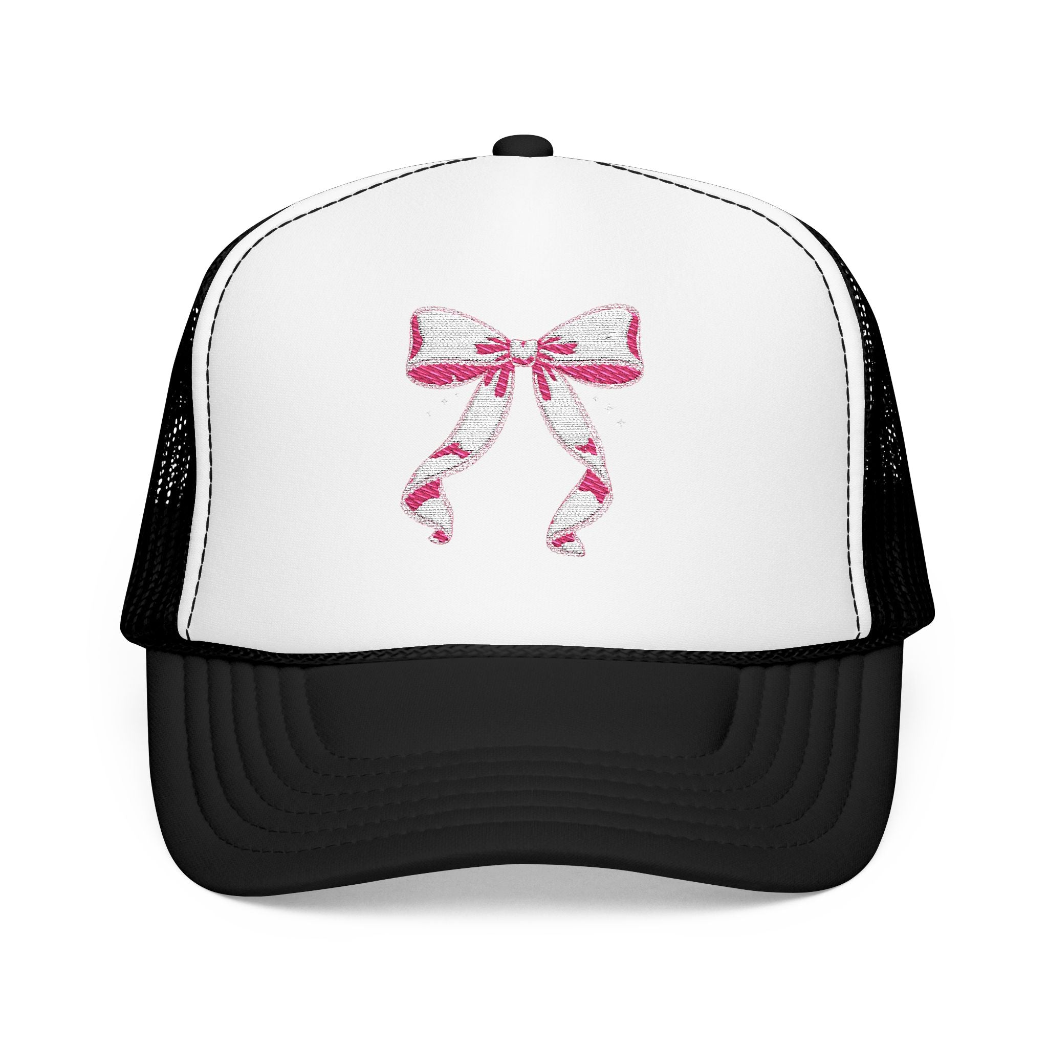 Bow Embroidered Trucker Hat — Pink Ribbon Detail Mesh Cap