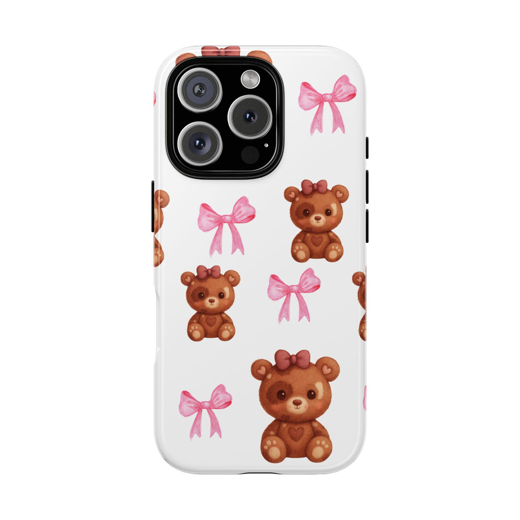 Cute Teddy Bear Phone Case – Pink Bows Patterned Protective iPhone Case