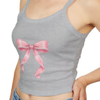 Pink Ribbon Bow Crop Tank Top — Cute Girly Spaghetti Strap Top