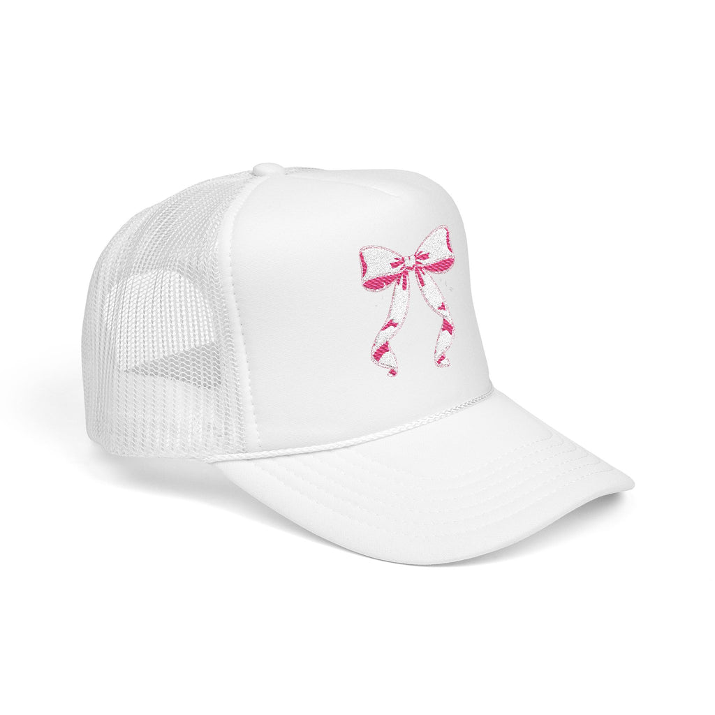 Bow Embroidered Trucker Hat — Pink Ribbon Detail Mesh Cap