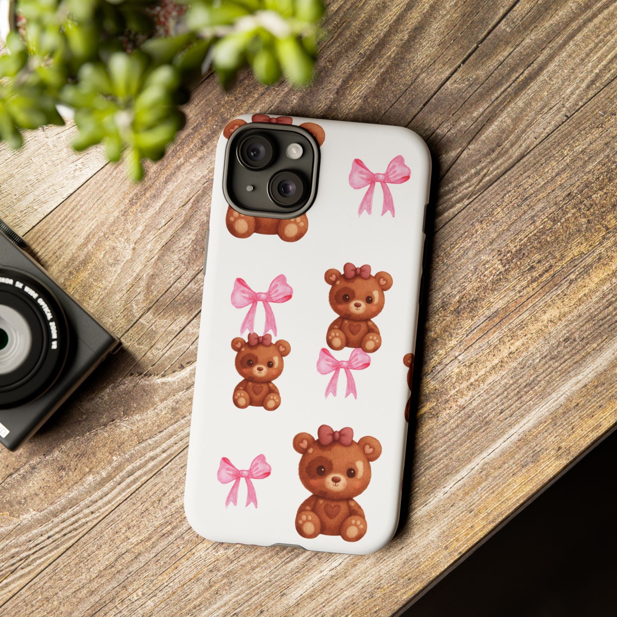 Cute Teddy Bear Phone Case – Pink Bows Patterned Protective iPhone Case