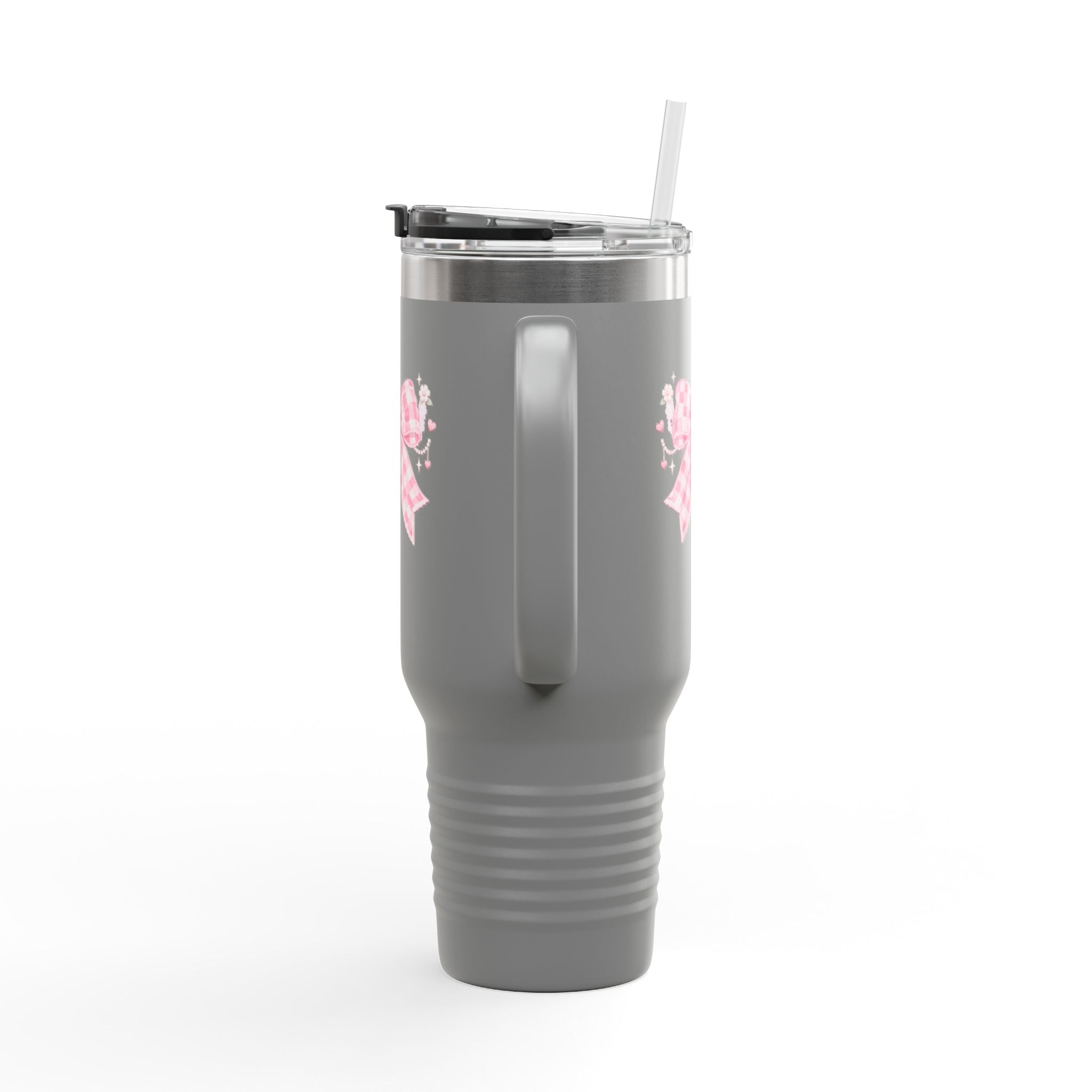 40oz Insulated Travel Mug — Pink Gingham Bow Design