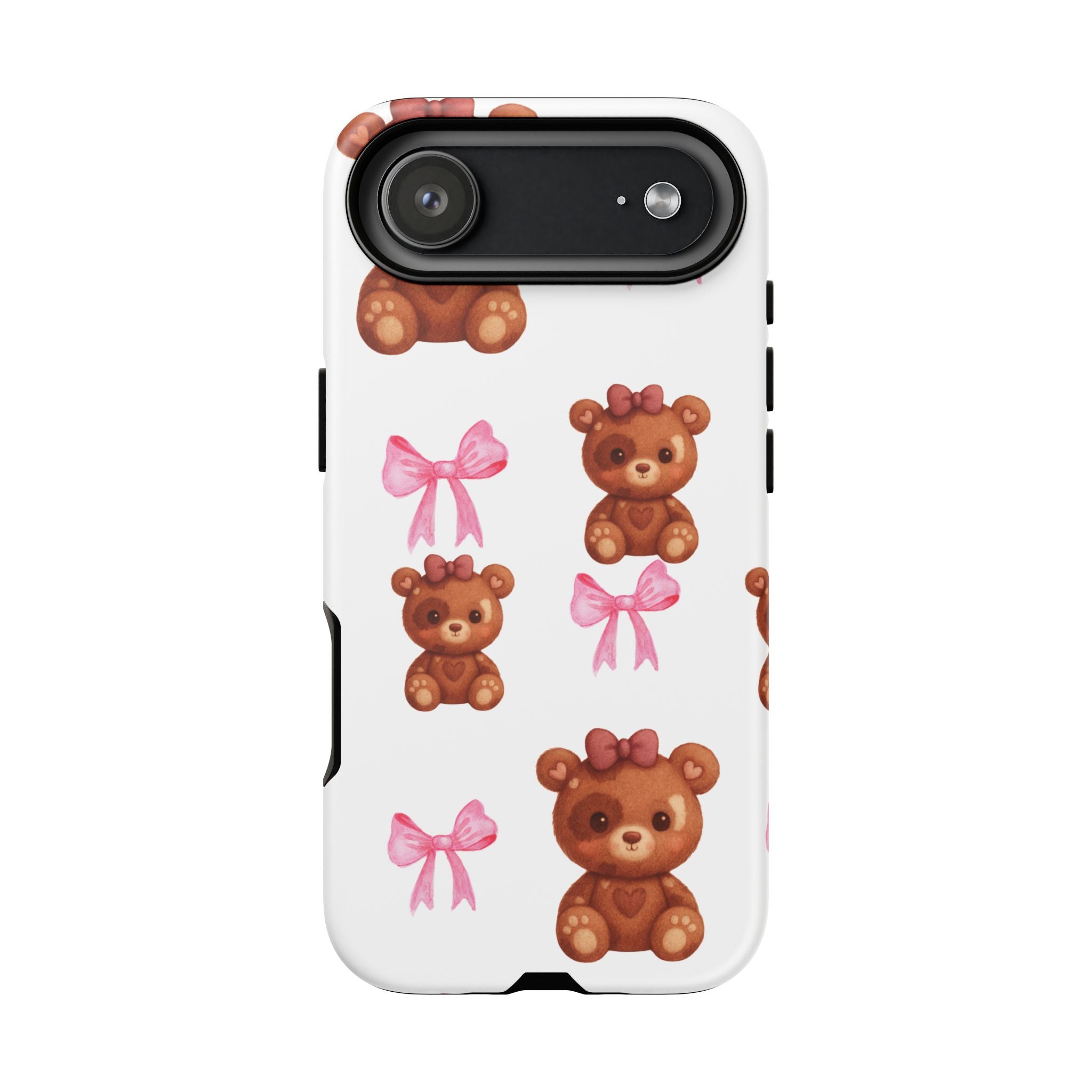 Cute Teddy Bear Phone Case – Pink Bows Patterned Protective iPhone Case