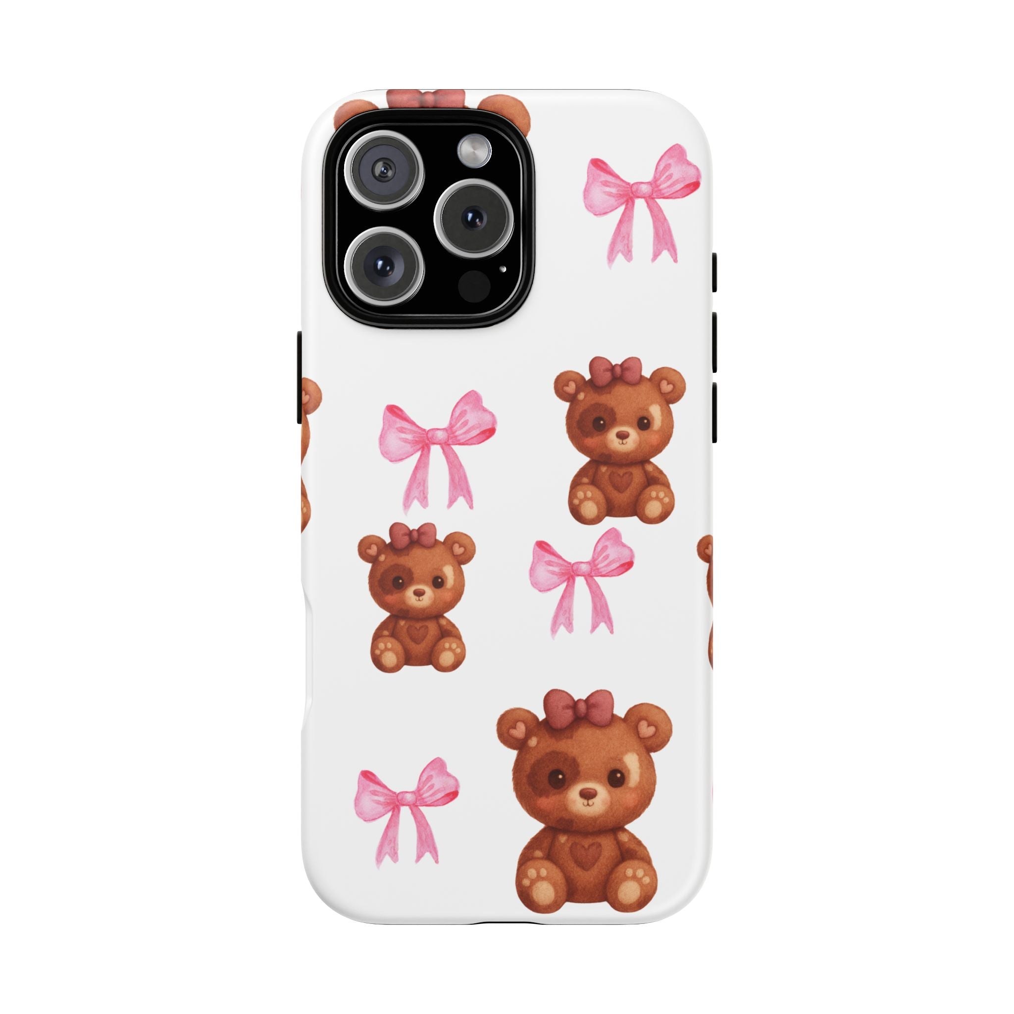 Cute Teddy Bear Phone Case – Pink Bows Patterned Protective iPhone Case