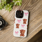 Cute Teddy Bear Phone Case – Pink Bows Patterned Protective iPhone Case