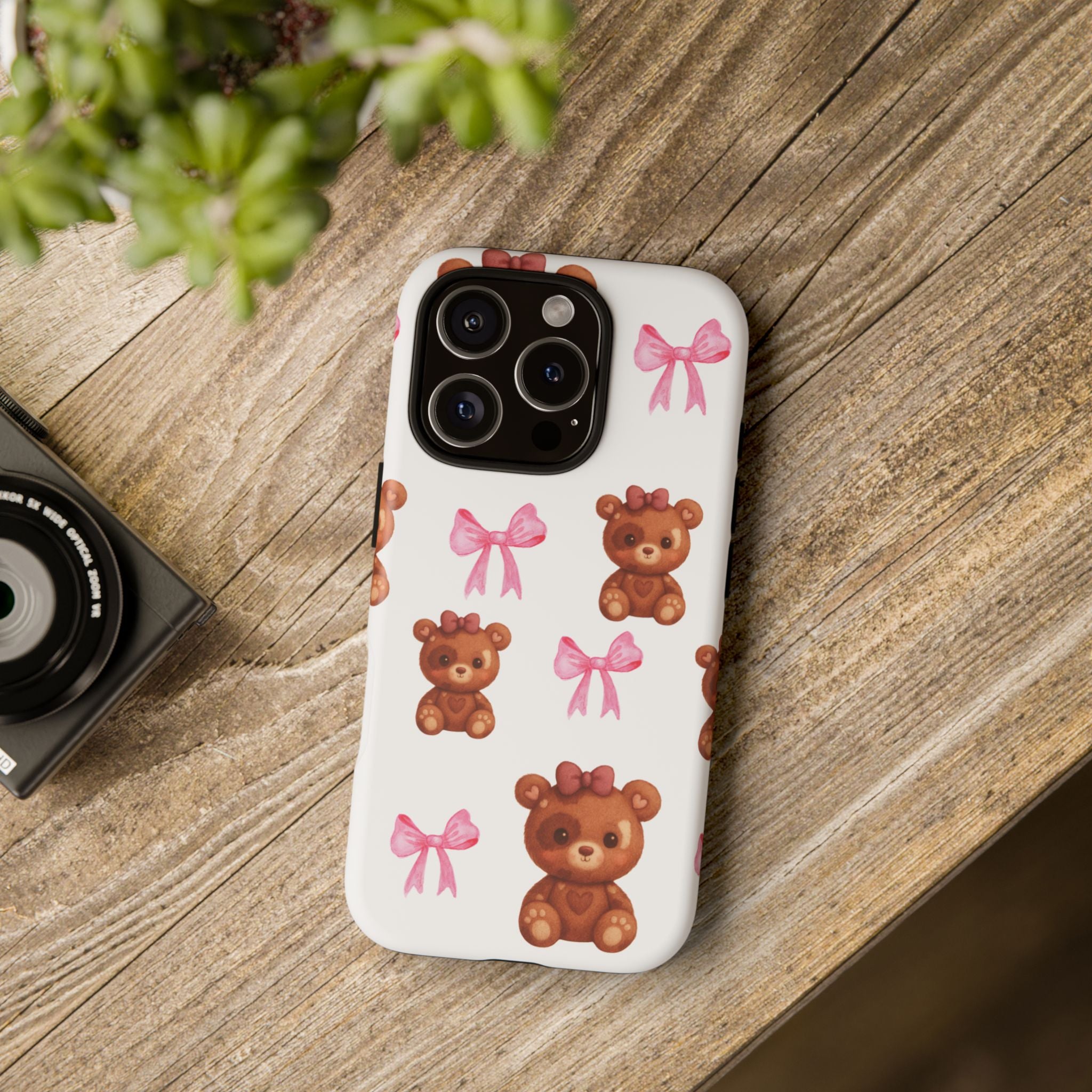 Cute Teddy Bear Phone Case – Pink Bows Patterned Protective iPhone Case