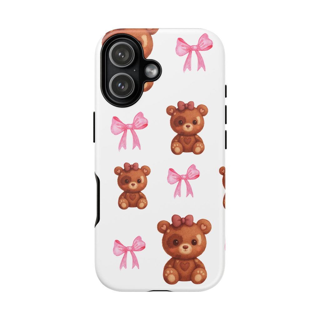 Cute Teddy Bear Phone Case – Pink Bows Patterned Protective iPhone Case