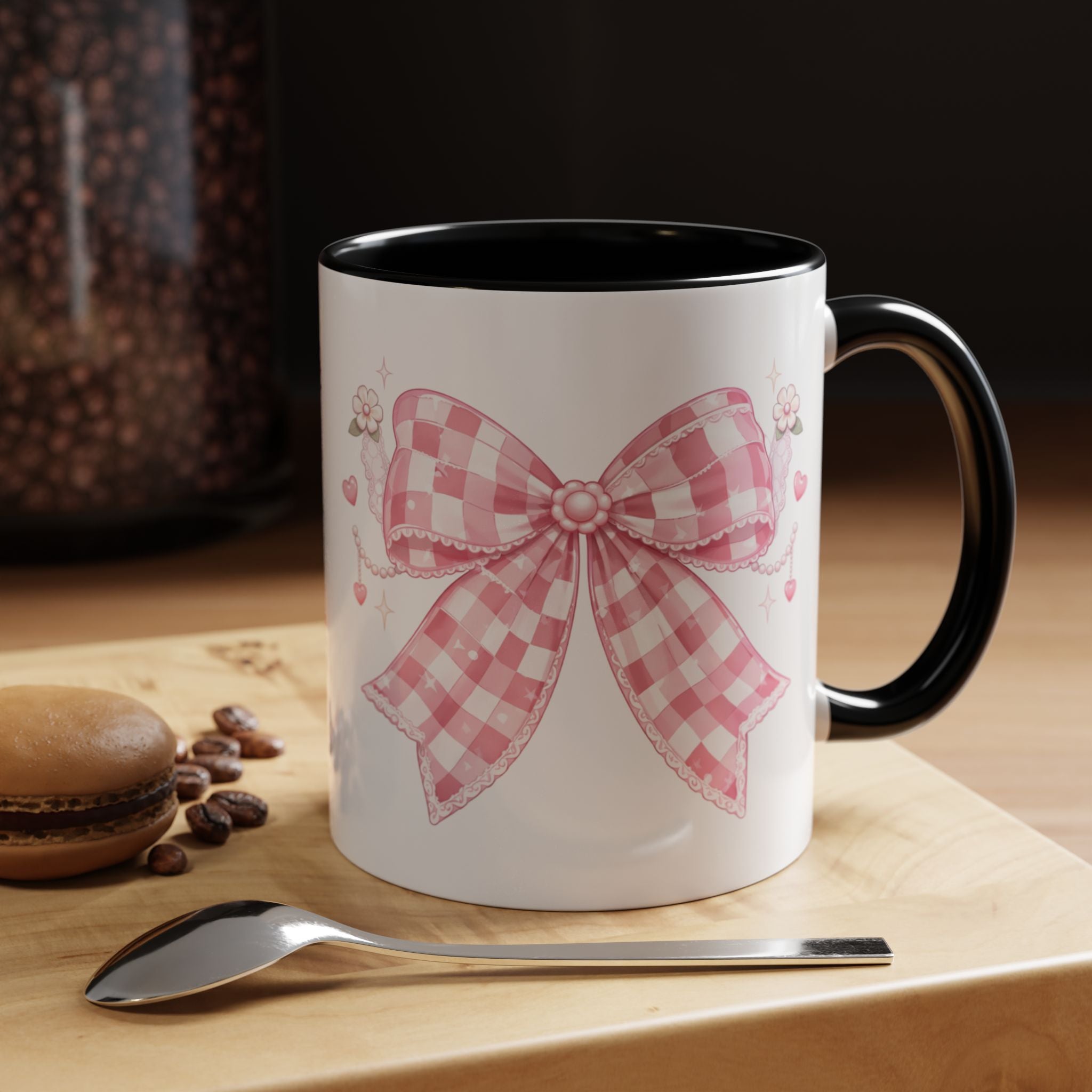 Pink Gingham Bow Accent Coffee Mug (11/15oz) — Cute Cottagecore Kitchen Gift