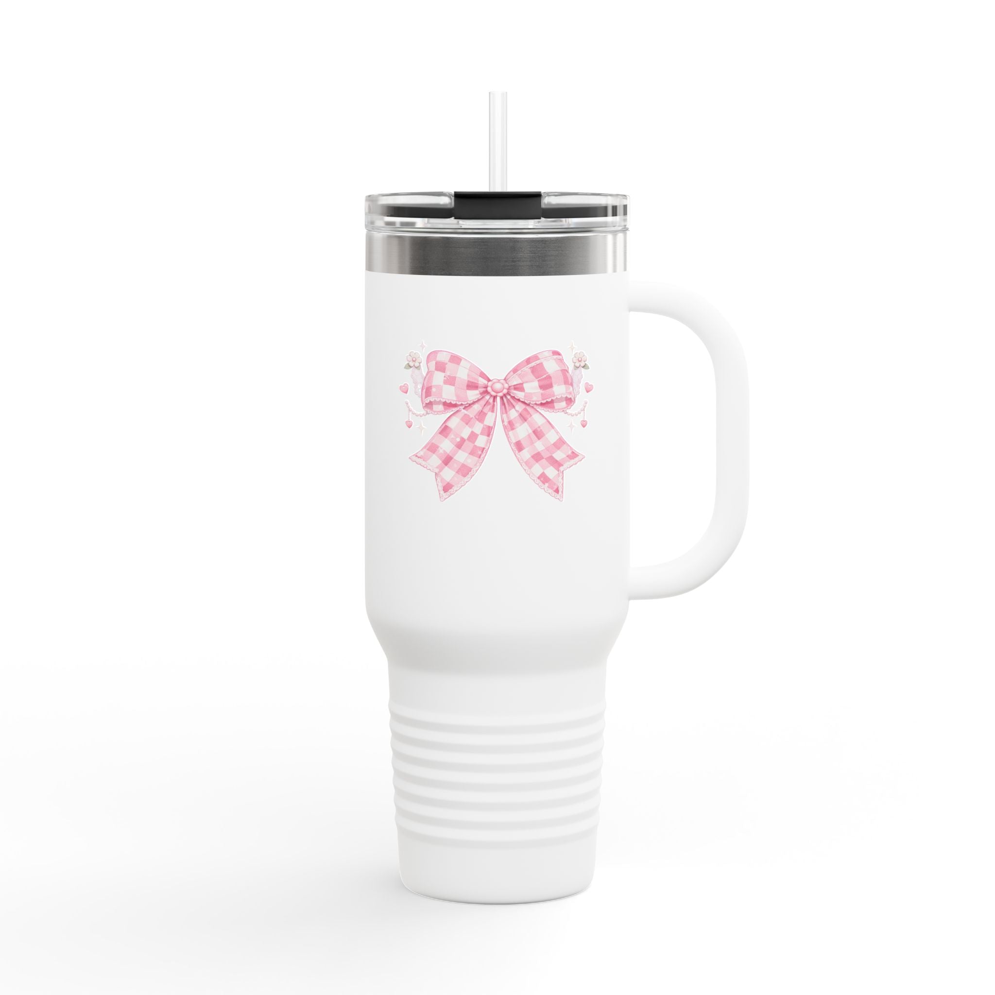 40oz Insulated Travel Mug — Pink Gingham Bow Design