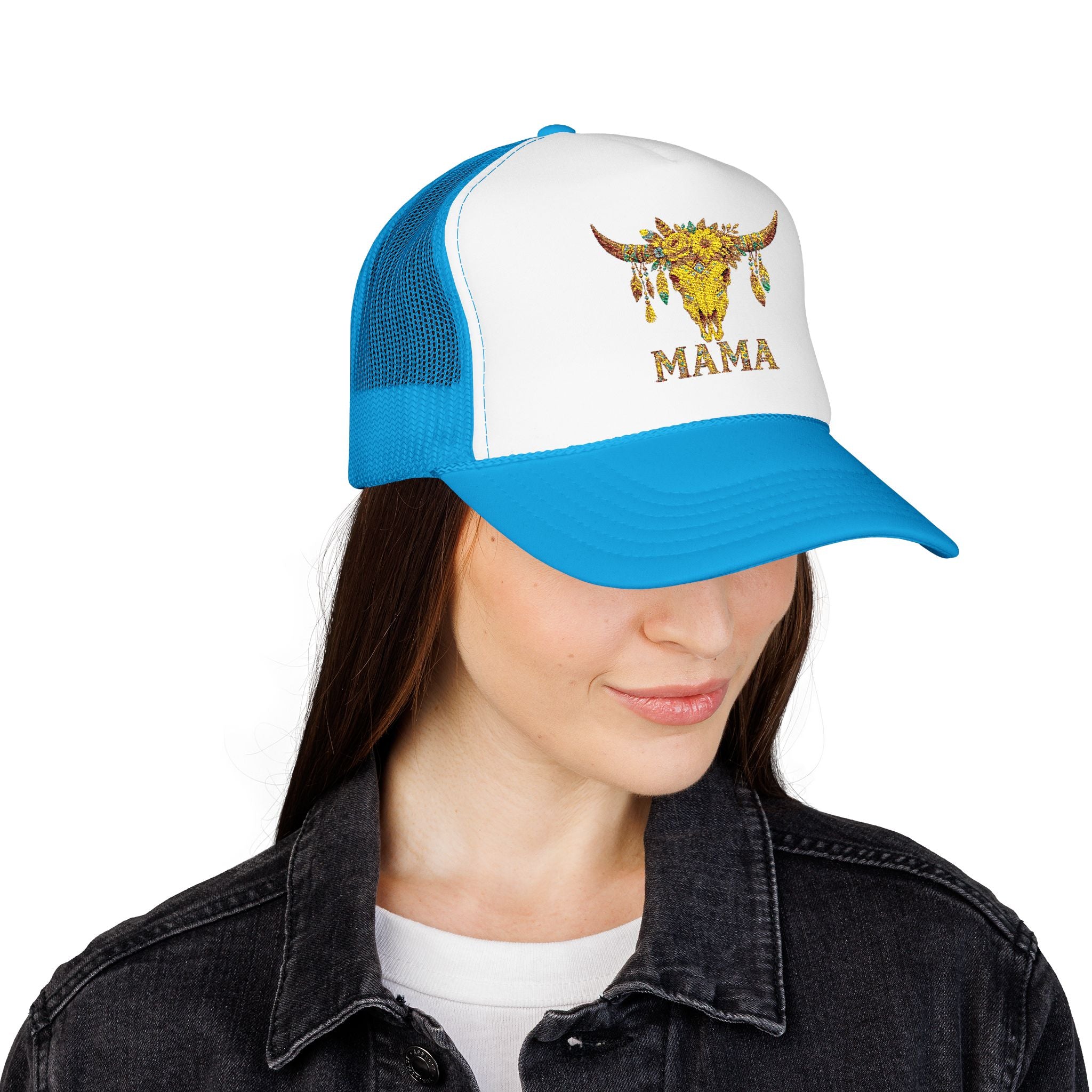 Mama Floral Bull Skull Embroidered Trucker Hat