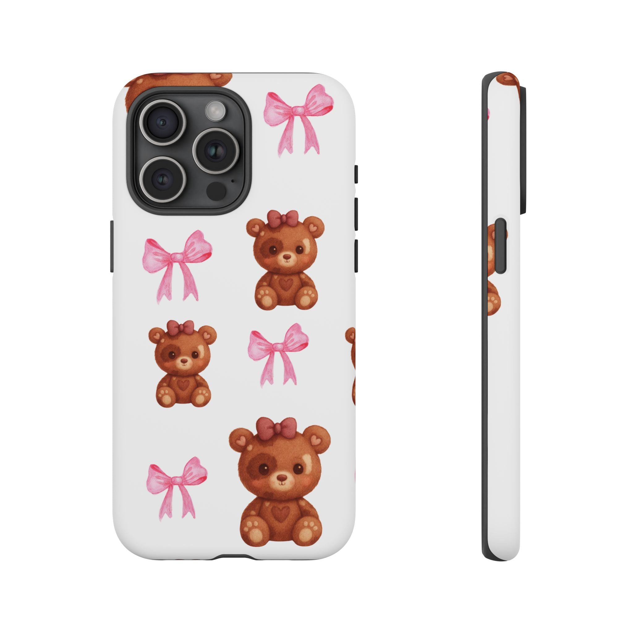 Cute Teddy Bear Phone Case – Pink Bows Patterned Protective iPhone Case
