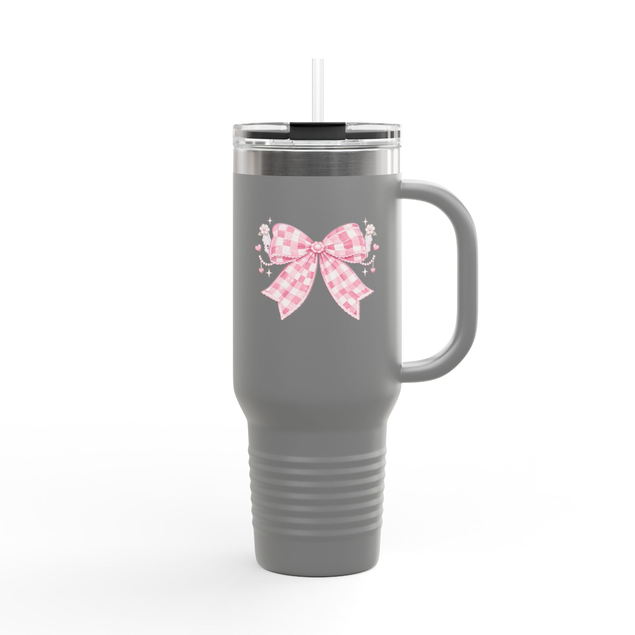 40oz Insulated Travel Mug — Pink Gingham Bow Design