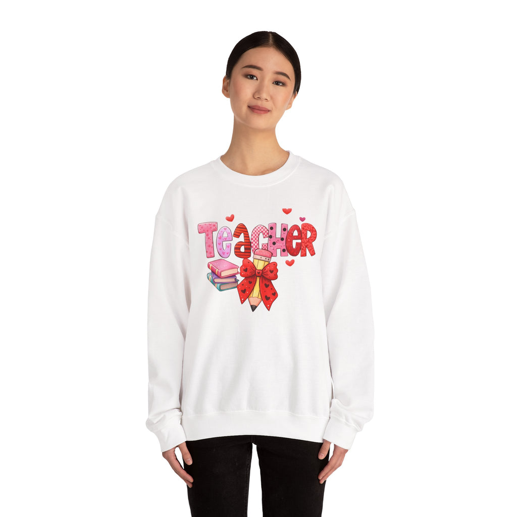 Teacher Heart Graphic Sweatshirt — Cute Books & Bow Design, Perfect for Teacher Gifts