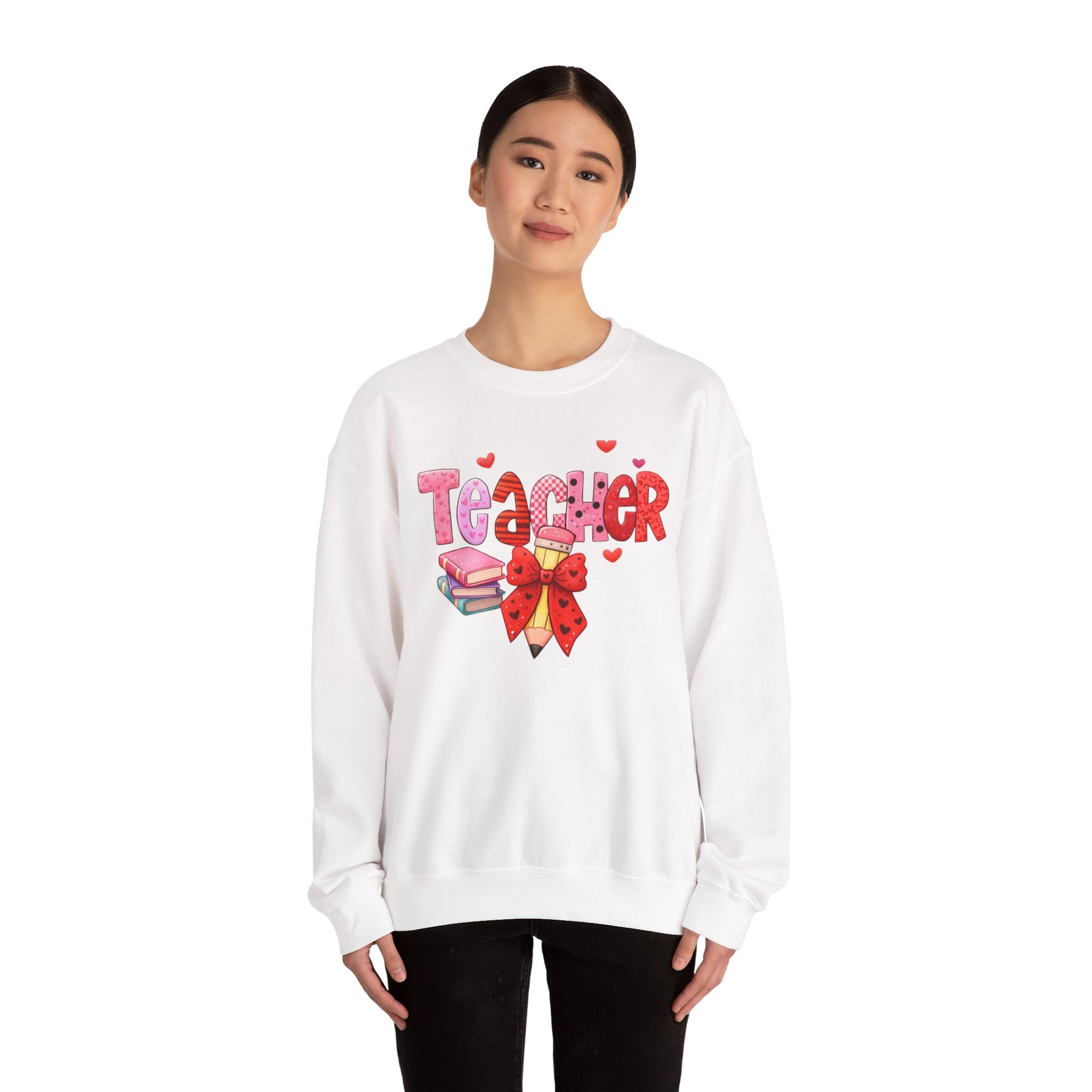 Teacher Heart Graphic Sweatshirt — Cute Books & Bow Design, Perfect for Teacher Gifts