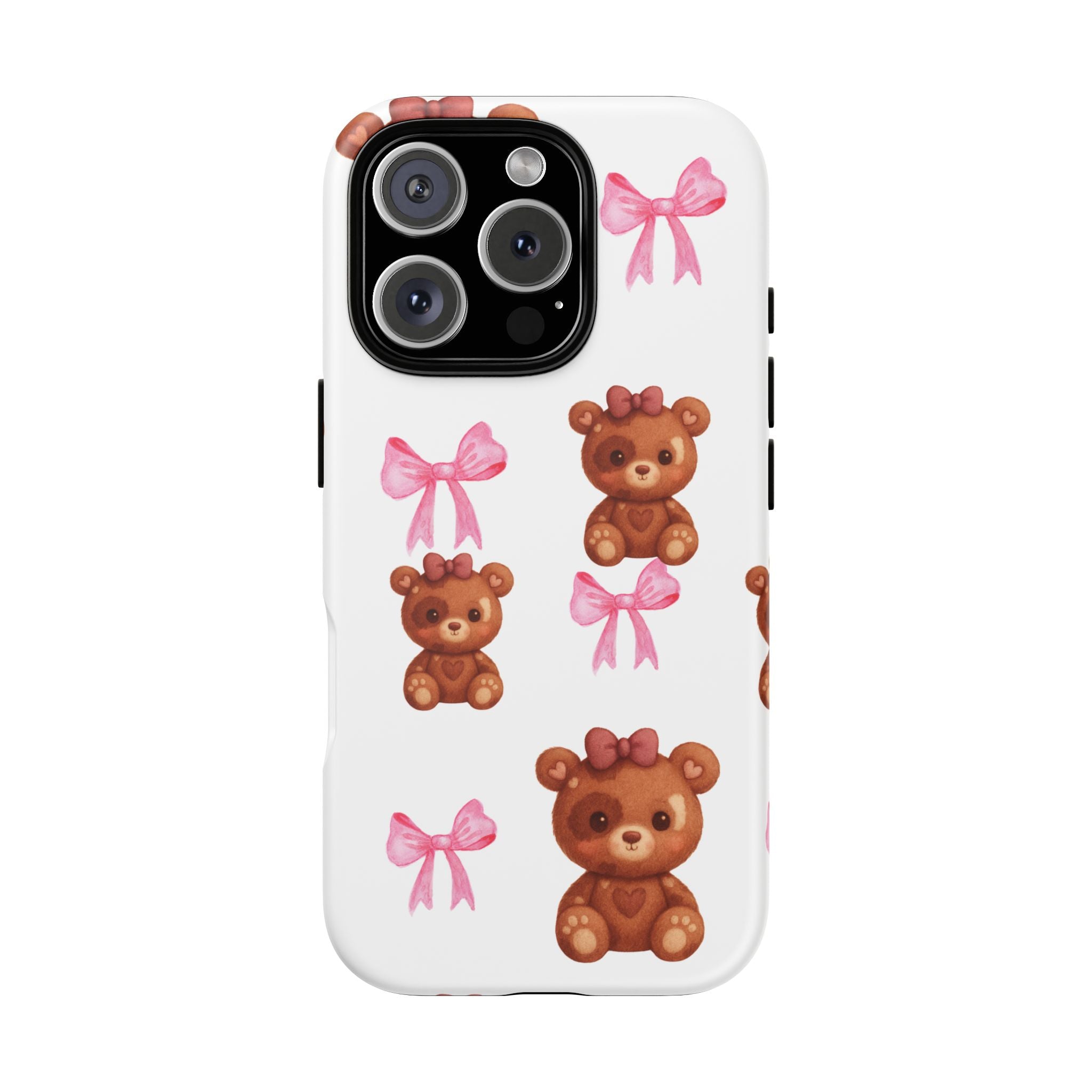 Cute Teddy Bear Phone Case – Pink Bows Patterned Protective iPhone Case