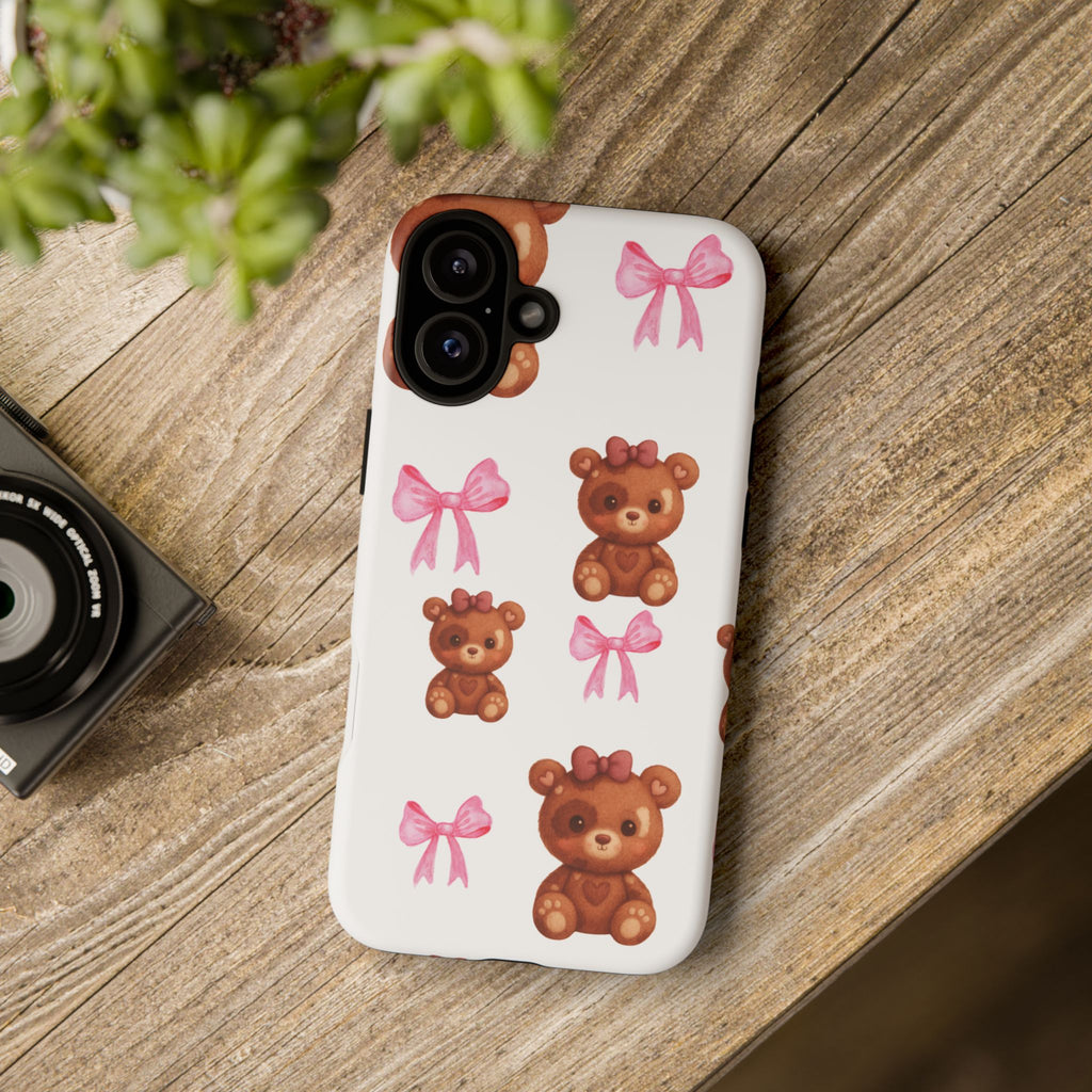 Cute Teddy Bear Phone Case – Pink Bows Patterned Protective iPhone Case