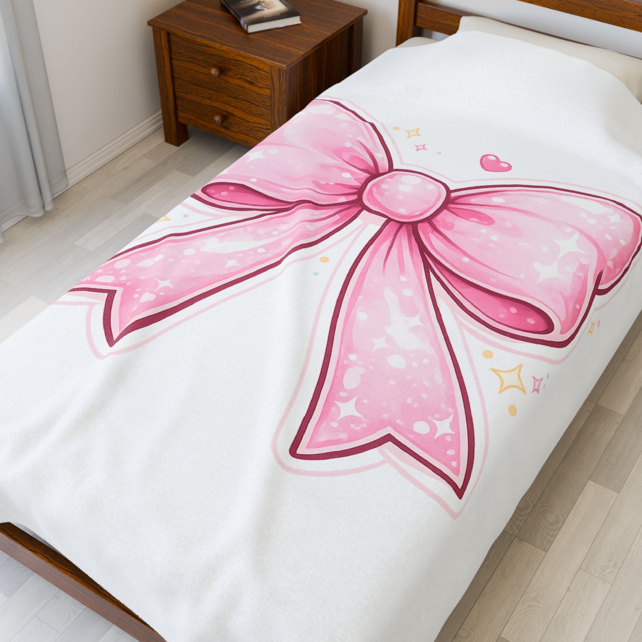 Pink Kawaii Bow Velveteen Plush Blanket — Cute Ribbon Throw for Girls, Gifts, and Cozy Décor