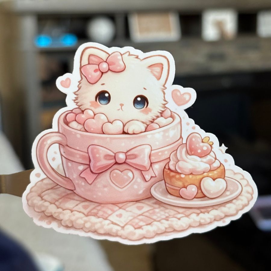 Kitten in teacup & cupcake Sticker