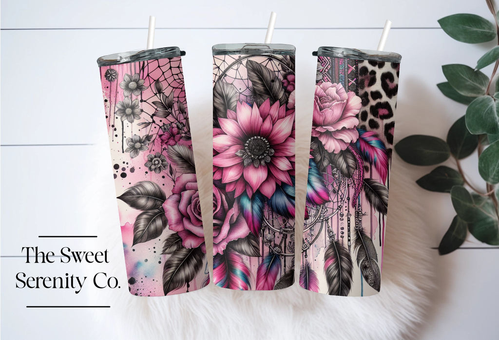 Pink Dream Catcher & Feather Tumbler